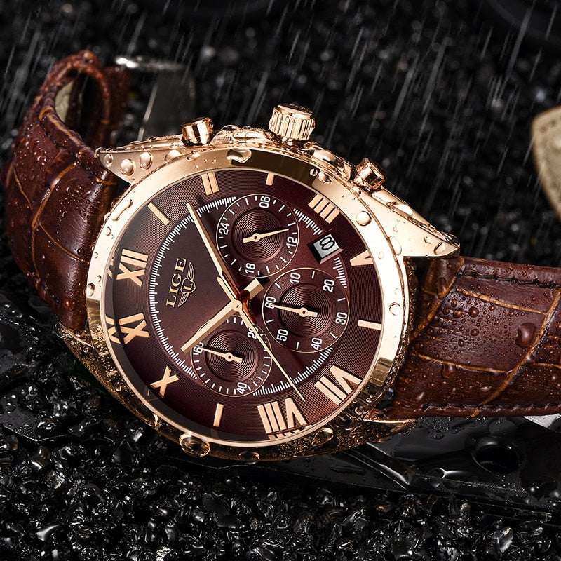 LIGE Watch For Men Top Brand Luxury Waterproof 24 Hour Date Quartz Clock Brown Leather Sports WristWatch Relogio Masculino 2020