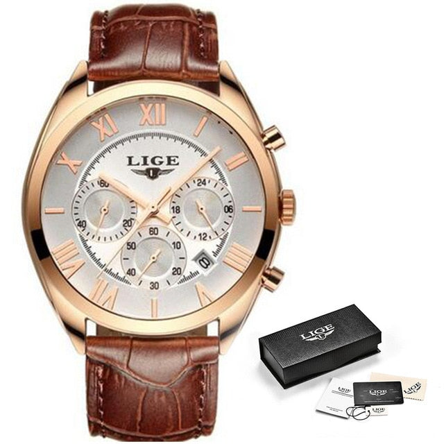 LIGE Watch For Men Top Brand Luxury Waterproof 24 Hour Date Quartz Clock Brown Leather Sports WristWatch Relogio Masculino 2020